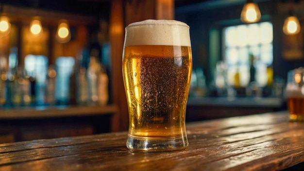 Vaso de cerveza en una mesa de madera en el fondo