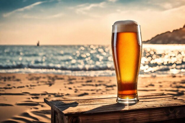 un vaso de cerveza en una mesa de madera con el océano en el fondo