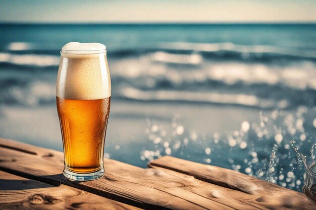un vaso de cerveza en una mesa de madera con el océano en el fondo