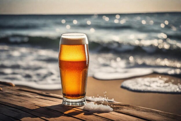 Foto un vaso de cerveza en una mesa de madera con el océano en el fondo