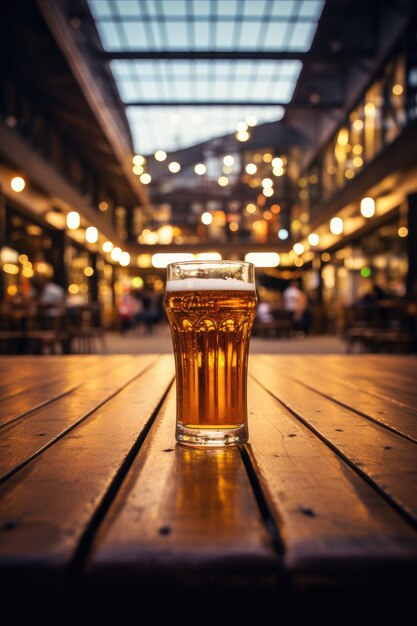 Vaso de cerveza en una mesa de madera en un pub Desdibujar el fondo Copiar el espacio Banner Generative ai