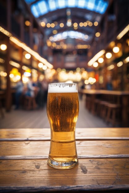 Vaso de cerveza en una mesa de madera en el pub Desenfoque de fondo Copiar espacio Banner Generativo ai