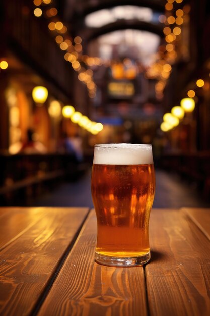 Vaso de cerveza en una mesa de madera en el pub Desenfoque de fondo Copiar espacio Banner Generativo ai