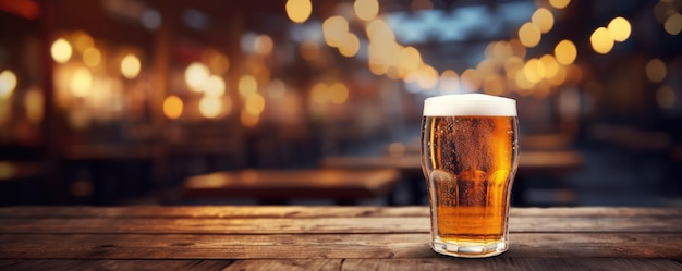 Vaso de cerveza en una mesa de madera en el pub Desenfoque de fondo Copiar espacio Banner Generativo ai