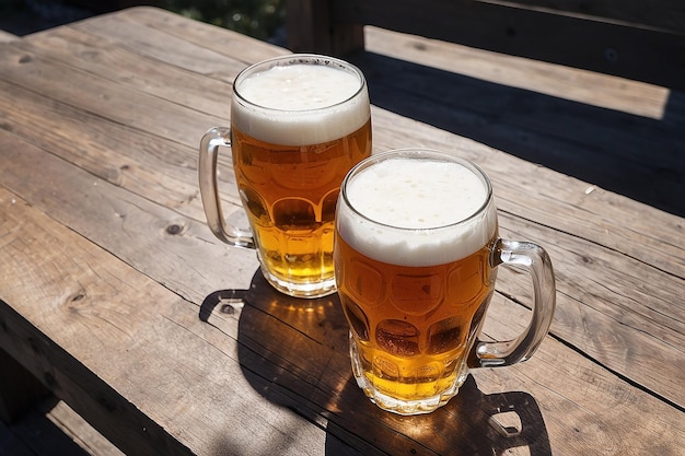 Un vaso de cerveza en una mesa de madera