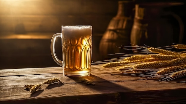 vaso de cerveza en una mesa de madera