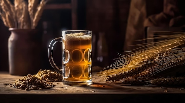 vaso de cerveza en una mesa de madera