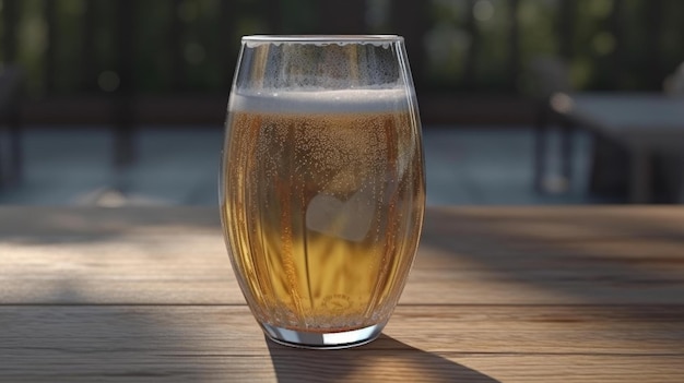 Un vaso de cerveza en una mesa de madera