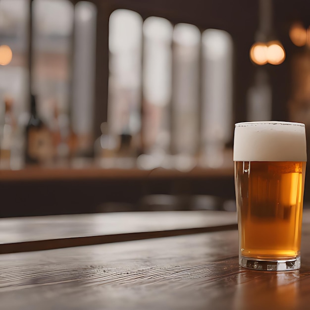 un vaso de cerveza en una mesa con una mesa de madera en el fondo