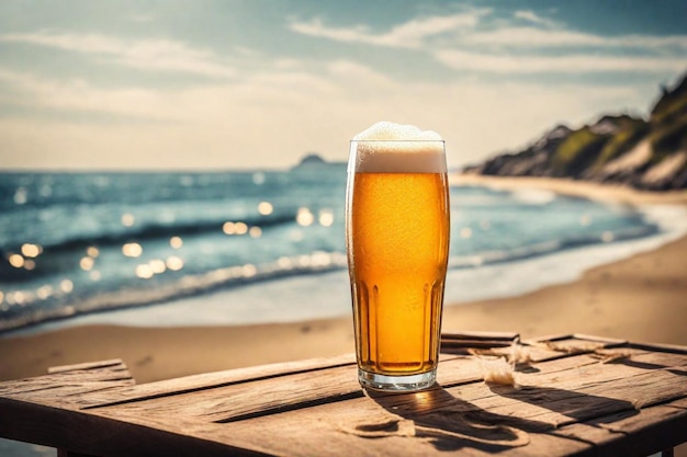 Foto un vaso de cerveza en una mesa con el océano en el fondo