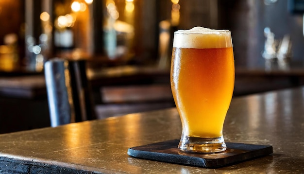 un vaso de cerveza en la mesa en un pub bebida alcohólica