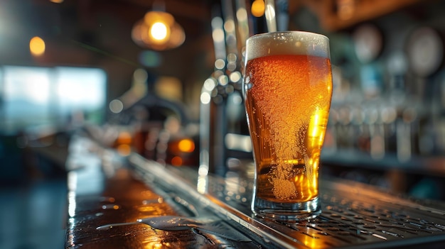 Un vaso de cerveza en el mostrador del bar