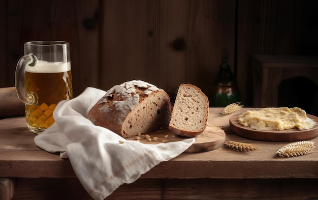Un vaso de cerveza y pan sobre una mesa con un mantel blanco.