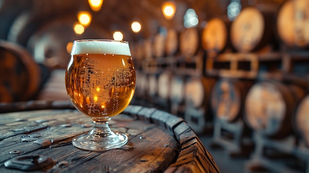 un vaso de cerveza de pie en un barril de madera contra el fondo de un sótano