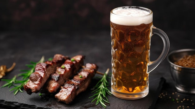 Un vaso de cerveza y un plato de costillas.