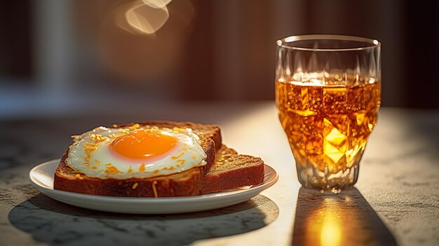 Un vaso de cerveza y un plato de tostadas con un huevo frito