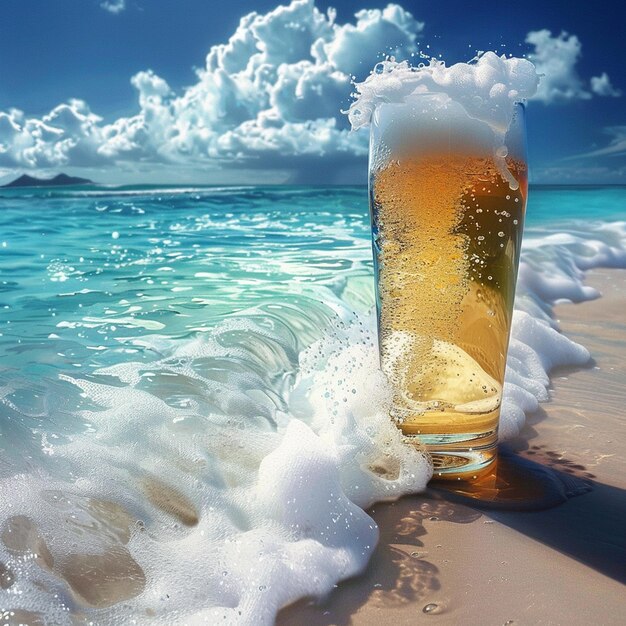 un vaso de cerveza en una playa con el océano en el fondo