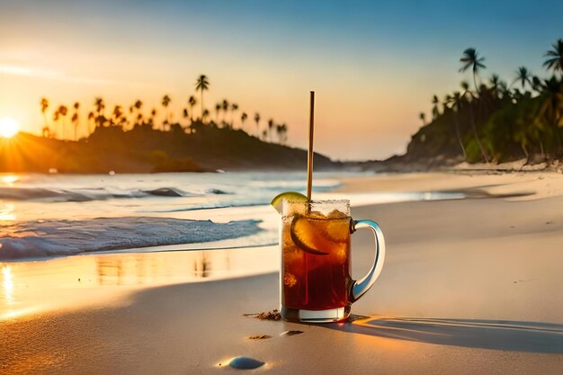 Un vaso de cerveza en una playa con una playa al fondo