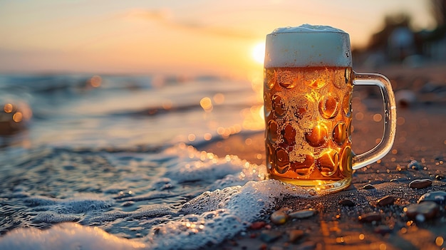 un vaso de cerveza en la playa con el sol poniéndose detrás de él