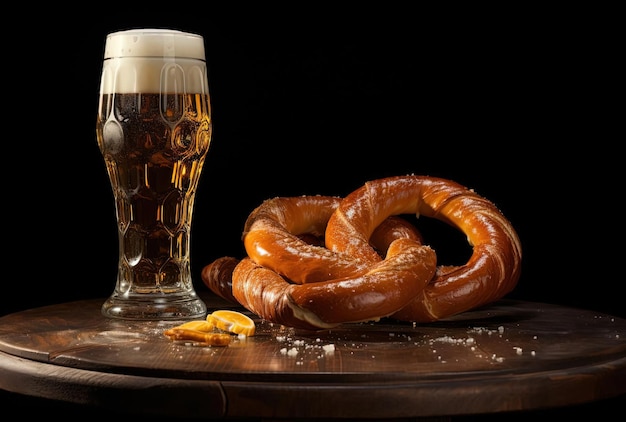 un vaso de cerveza y pretzel se sientan encima de una mesa al estilo de aquirax uno