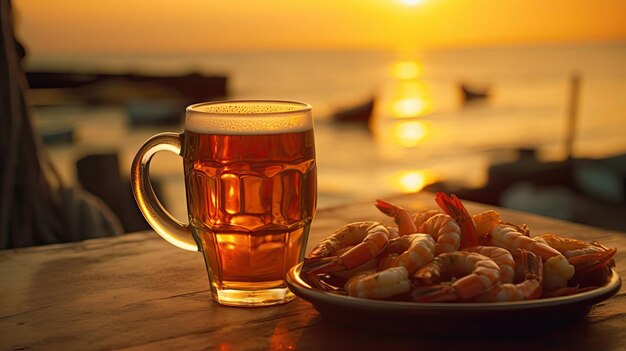 Vaso de cerveza y publicidad de gambas en el fondo de la puesta de sol y ver Un vaso lleno de cerveza ligera Lager