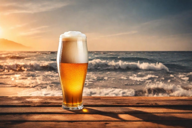 un vaso de cerveza con la puesta de sol en el fondo