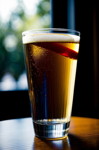 un vaso de cerveza sentado encima de una mesa de madera