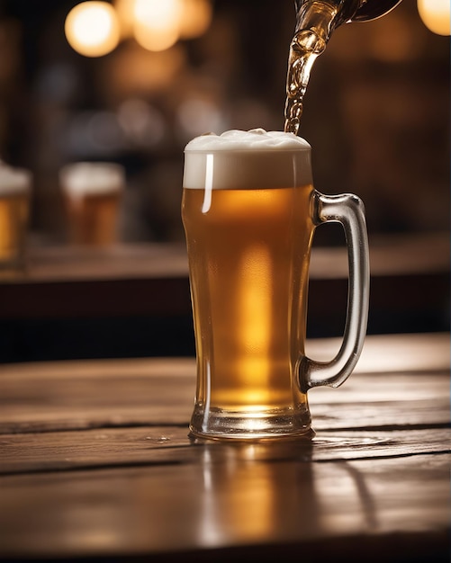 Vaso de cerveza servido en un bar sobre la mesa de madera