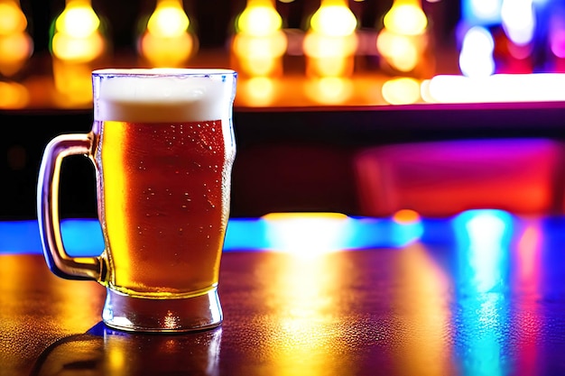 Un vaso de cerveza se sienta en una barra de bar.