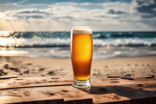 un vaso de cerveza se sienta en una caja de madera en la playa