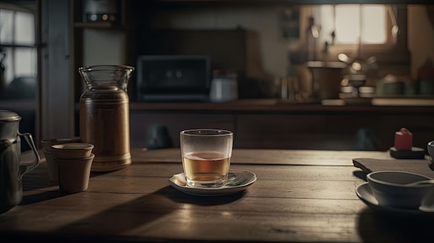 Un vaso de cerveza se sienta en una mesa al lado de una jarra de cerveza.