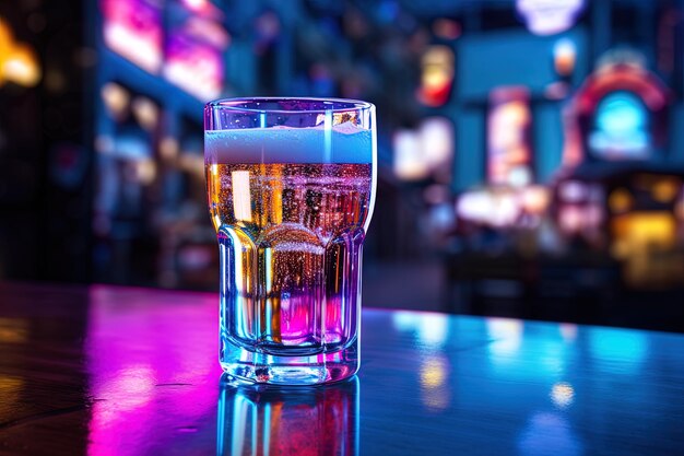 un vaso de cerveza se sienta en una mesa frente a una barra