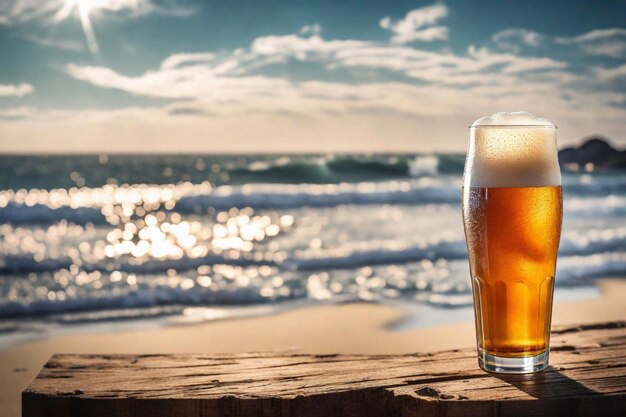 un vaso de cerveza se sienta en una mesa junto al océano