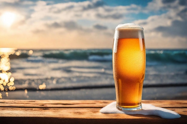 un vaso de cerveza se sienta en una mesa junto al océano