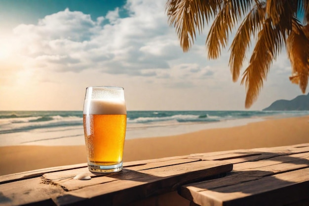 un vaso de cerveza se sienta en una mesa junto a una palmera