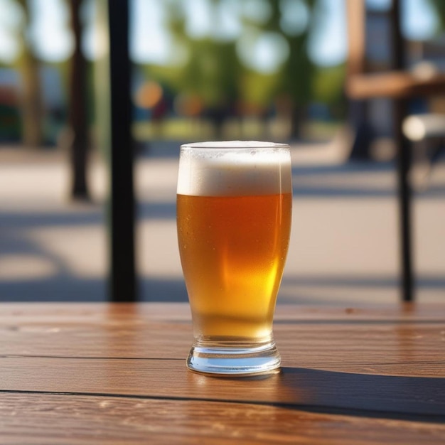 un vaso de cerveza se sienta en una mesa de madera