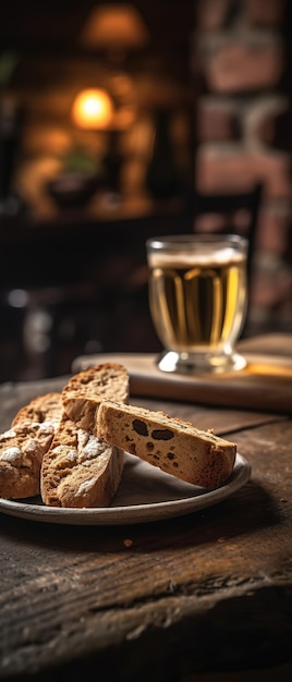 Un vaso de cerveza se sienta en una mesa con pan y un vaso de cerveza.