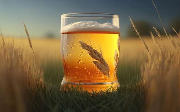 Un vaso de cerveza sobre una mesa en un campo de trigo. IA generado