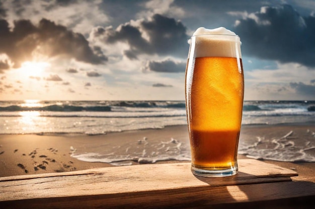 un vaso de cerveza con el sol poniéndose detrás de él