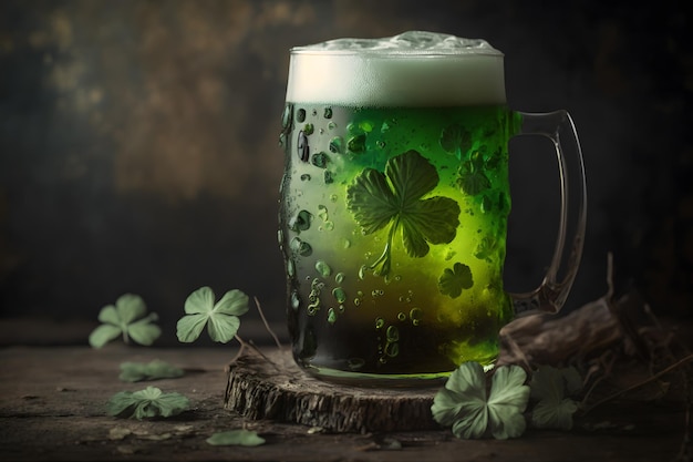 Un vaso de cerveza con un trébol verde