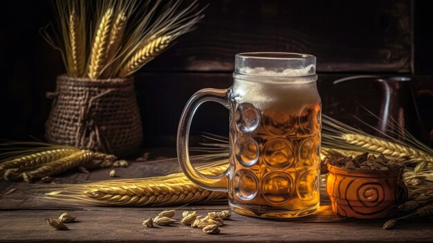 Foto vaso de cerveza con trigo en fondo de madera generado por ai