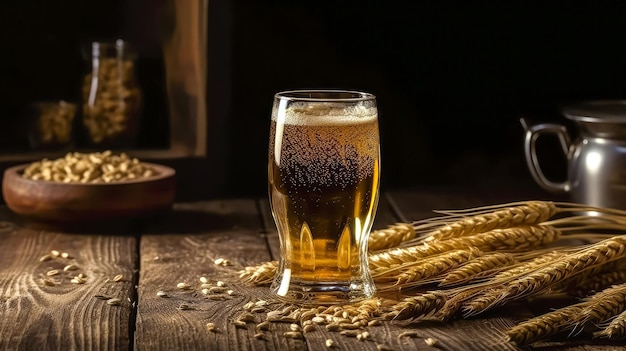 Foto vaso de cerveza con trigo en fondo de madera generado por ai