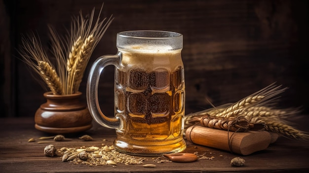 Vaso de cerveza con trigo en fondo de madera generado por Ai