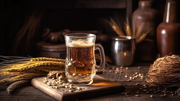 Vaso de cerveza con trigo en fondo de madera generado por Ai