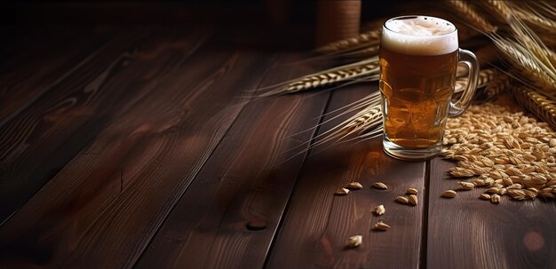 Un vaso de cerveza con trigo sobre la mesa.