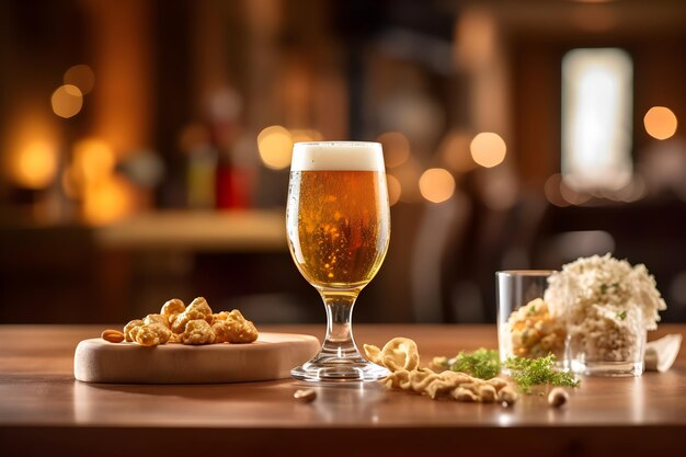 Un vaso de cerveza y un vaso de cerveza sobre una mesa con un plato de cacahuetes y un plato de queso.