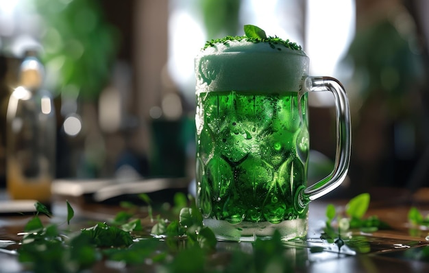 un vaso de cerveza verde con algunas hojas