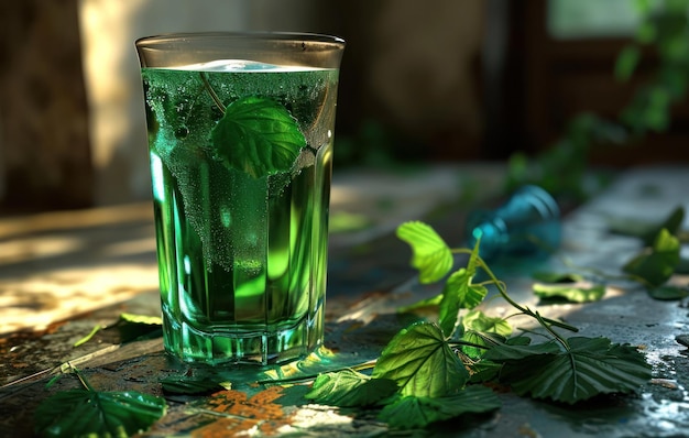 un vaso de cerveza verde con algunas hojas