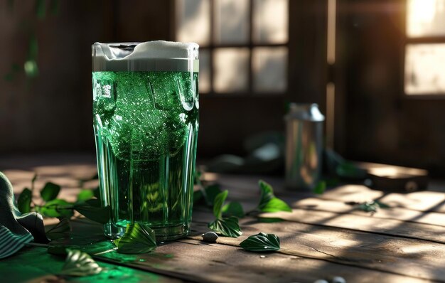 un vaso de cerveza verde con algunas hojas