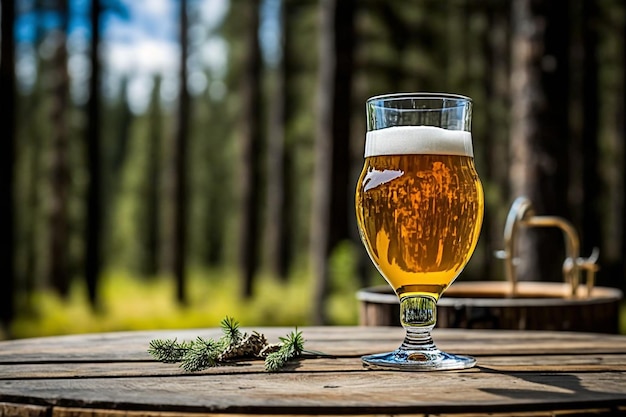 Un vaso de cerveza de vidrio sobre una mesa de madera en el fondo borroso del bosque IA generativa